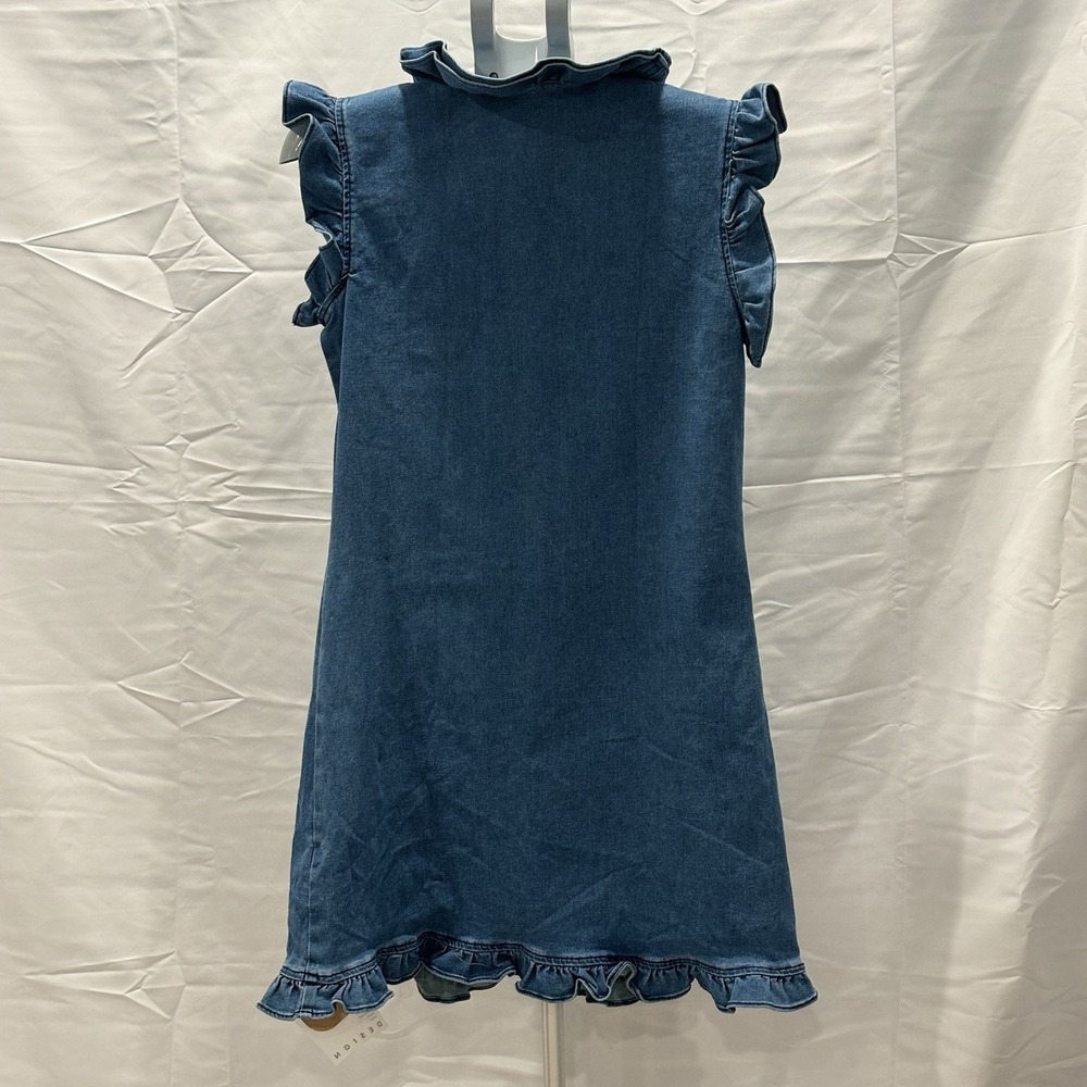 Cherry Betty Ruffled Denim Dress Blue V-Neck Midi Sleeveless Retro 90s Size S 4 - Picture 2 of 11
